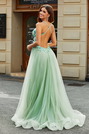 A-Line Scollo a V Split Tulle Verde Chiaro Prom Dress con perline applicate